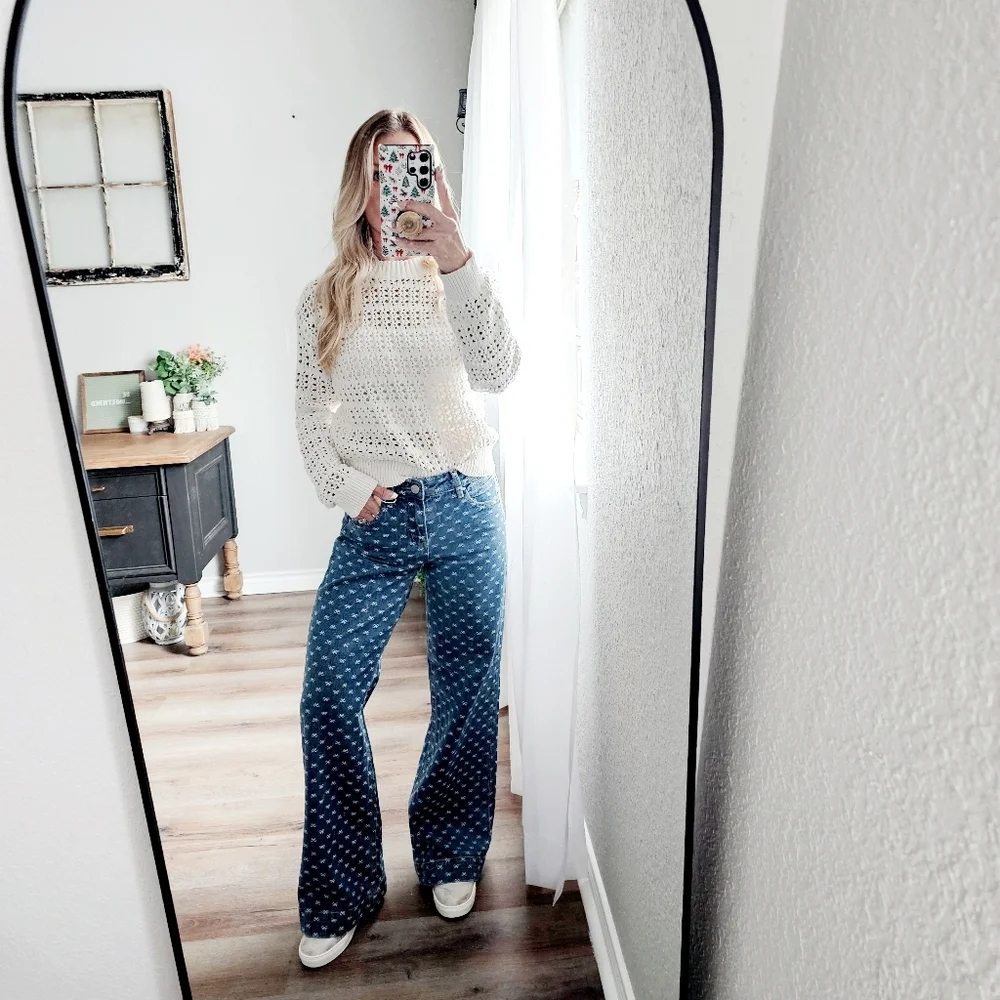 Risen High Rise Dark Wash Classic Wide Leg Jeans Bow Embroidered Various NEW - Picture 14 of 15